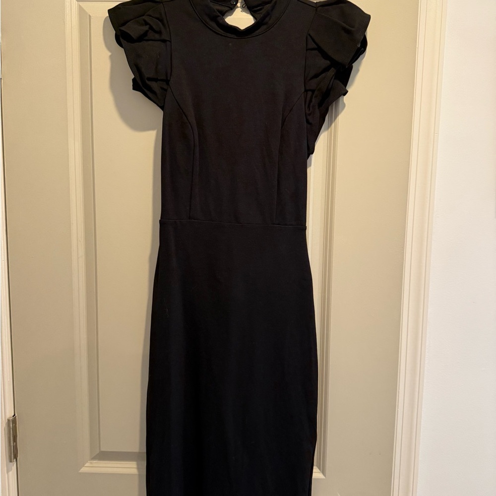 Lulu's Black Midi Dress with Ruffle Sleeves